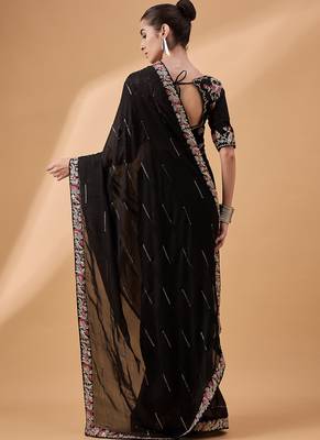 Black chiffon embroidered saree with stitched blouse 2
