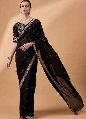 Black chiffon embroidered saree with stitched blouse 3