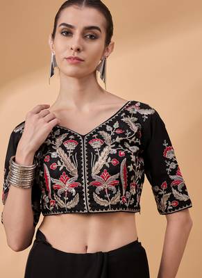 Black chiffon embroidered saree with stitched blouse 4