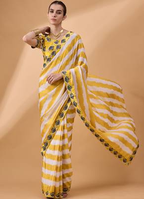 Yellow Georgette Printed Saree With Stitched Blouse 1