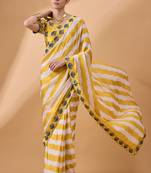 Yellow Georgette Printed Saree With Stitched Blouse
