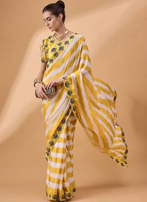 Yellow Georgette Printed Saree With Stitched Blouse 3