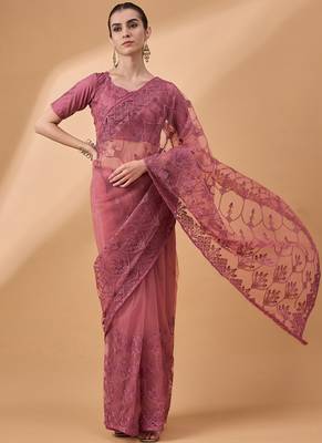 Peach Net Embroidered Saree With Unstitched Blouse Piece 1
