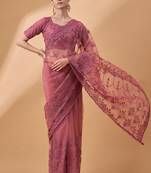 Peach Net Embroidered Saree With Unstitched Blouse Piece