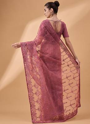 Peach Net Embroidered Saree With Unstitched Blouse Piece 2
