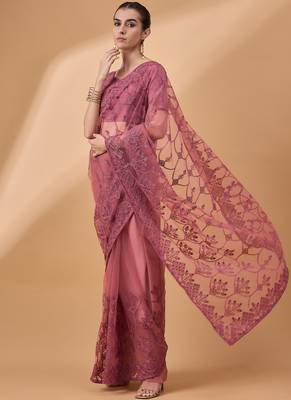 Peach Net Embroidered Saree With Unstitched Blouse Piece 3