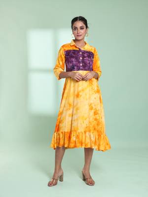 Yellow rayon printed ethnic dress 1