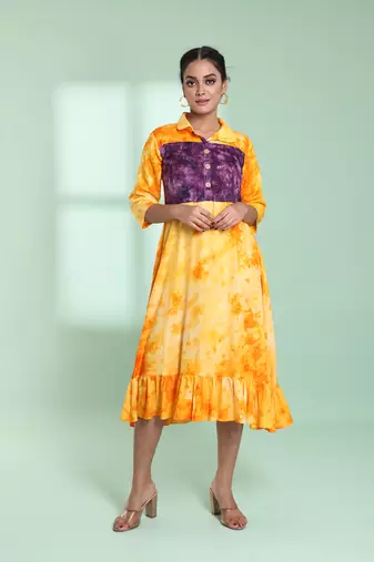 Yellow rayon printed ethnic dress