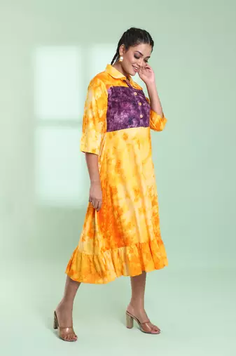 Yellow rayon printed ethnic dress