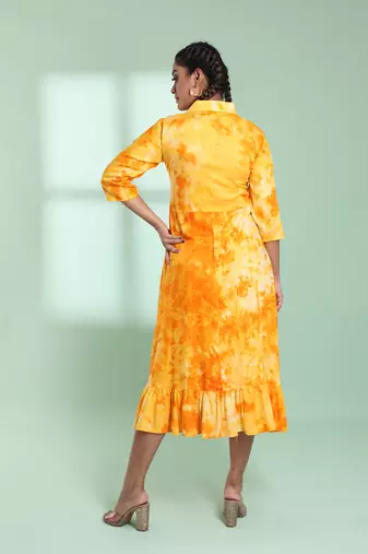 Yellow rayon printed ethnic dress