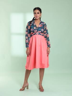 Peach and teal cotton flared ethnic dress with chikankari work 1