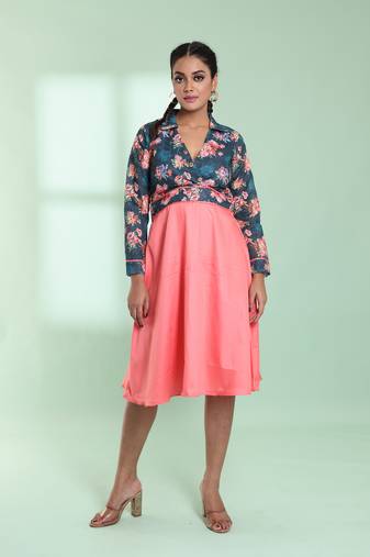 Peach and teal cotton flared ethnic dress with chikankari work