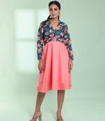 Peach and teal cotton flared ethnic dress with chikankari work