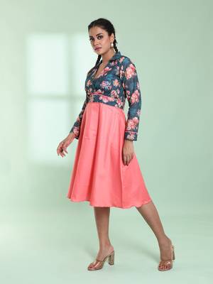 Peach and teal cotton flared ethnic dress with chikankari work 2