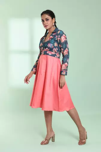 Peach and teal cotton flared ethnic dress with chikankari work