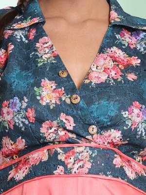 Peach and teal cotton flared ethnic dress with chikankari work 4