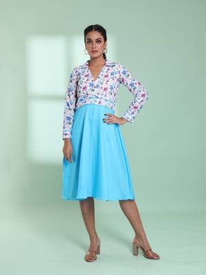 Sky blue and white cotton flared ethnic dress with chikankari work 1