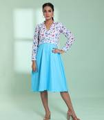 Sky blue and white cotton flared ethnic dress with chikankari work