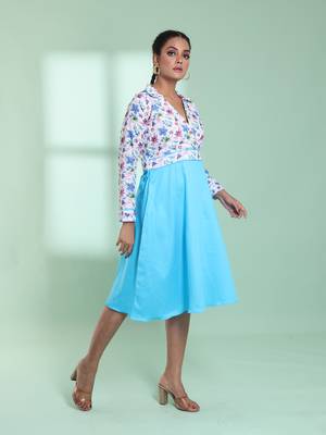 Sky blue and white cotton flared ethnic dress with chikankari work 2