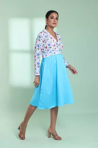 Sky blue and white cotton flared ethnic dress with chikankari work