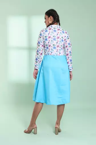 Sky blue and white cotton flared ethnic dress with chikankari work