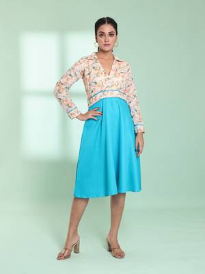 Sky blue and off white cotton flared ethnic dress with chikankari work 1