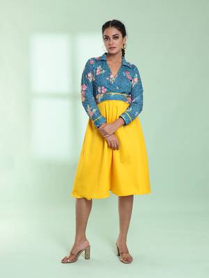 Yellow and teal cotton flared ethnic dress with chikankari work 1