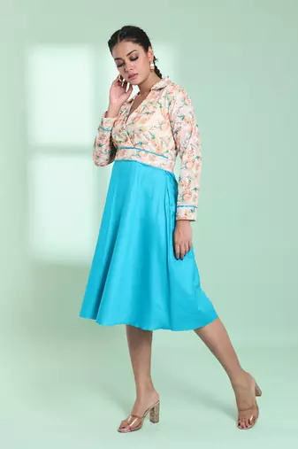 Sky blue and off white cotton flared ethnic dress with chikankari work