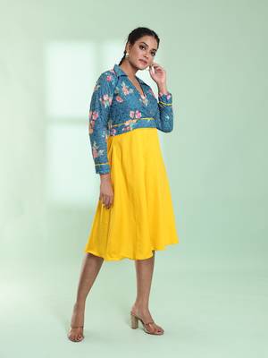Yellow and teal cotton flared ethnic dress with chikankari work 2