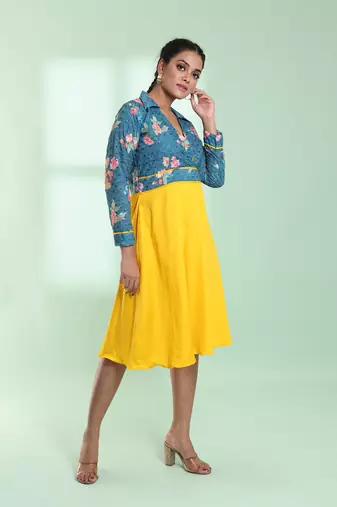 Yellow and teal cotton flared ethnic dress with chikankari work