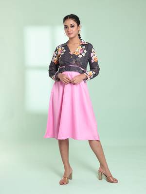 Pink & grey cotton flared ethnic dress with chikankari work 1