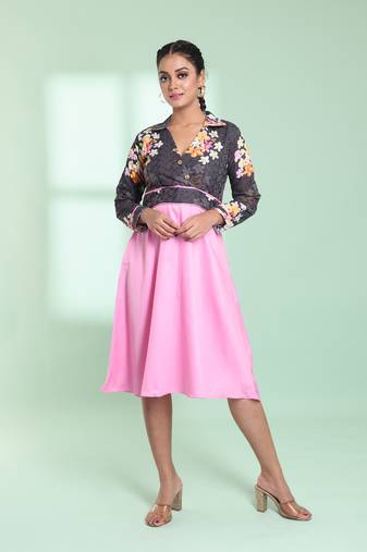 Pink & grey cotton flared ethnic dress with chikankari work