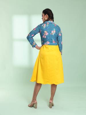Yellow and teal cotton flared ethnic dress with chikankari work 3