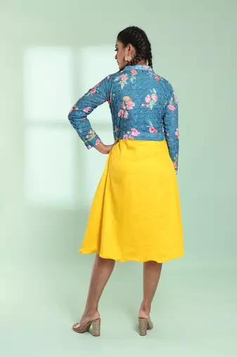 Yellow and teal cotton flared ethnic dress with chikankari work