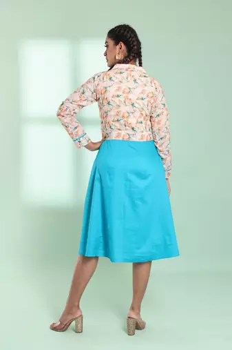 Sky blue and off white cotton flared ethnic dress with chikankari work