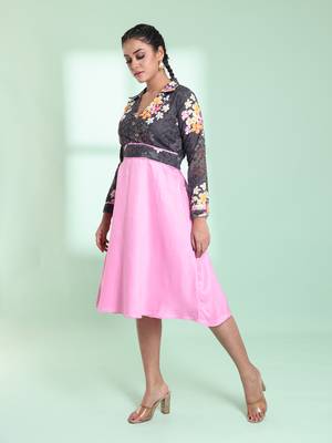 Pink & grey cotton flared ethnic dress with chikankari work 2