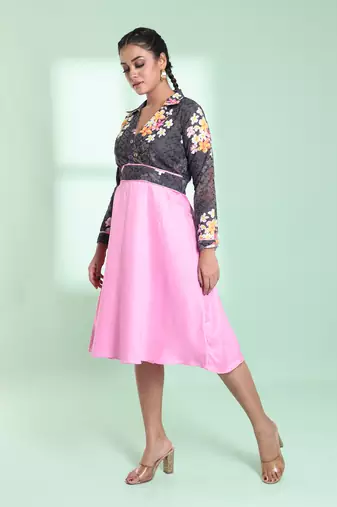 Pink & grey cotton flared ethnic dress with chikankari work