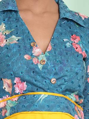Yellow and teal cotton flared ethnic dress with chikankari work 4