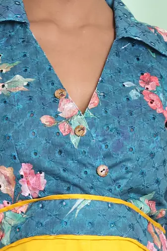 Yellow and teal cotton flared ethnic dress with chikankari work