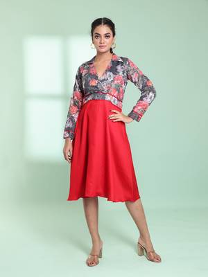 Red and grey cotton flared ethnic dress with chikankari work 1