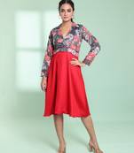 Red and grey cotton flared ethnic dress with chikankari work