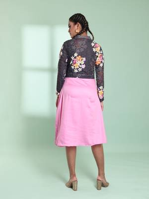 Pink & grey cotton flared ethnic dress with chikankari work 3