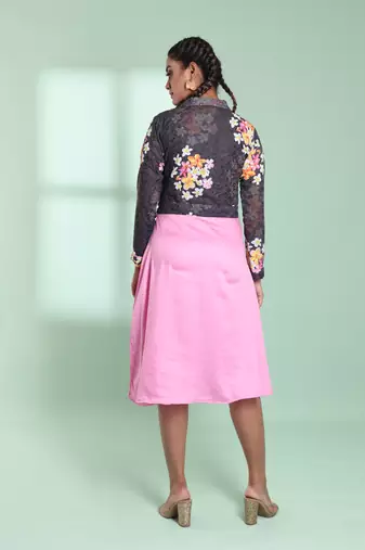 Pink & grey cotton flared ethnic dress with chikankari work