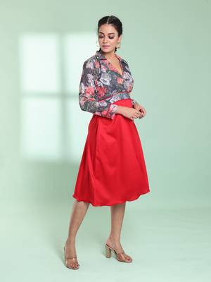 Red and grey cotton flared ethnic dress with chikankari work 2