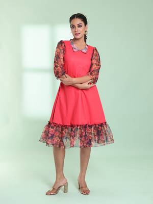 Peach cotton solid a-line ethnic dress with ruffle 1