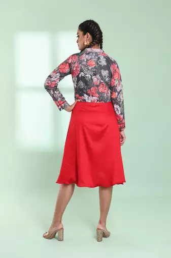 Red and grey cotton flared ethnic dress with chikankari work