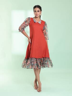 Rust cotton solid a-line ethnic dress with ruffle 1