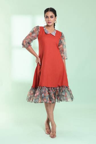 Rust cotton solid a-line ethnic dress with ruffle