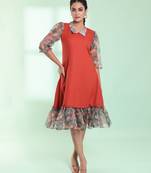 Rust cotton solid a-line ethnic dress with ruffle