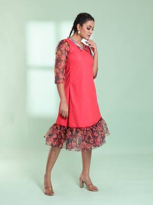 Peach cotton solid a-line ethnic dress with ruffle 2